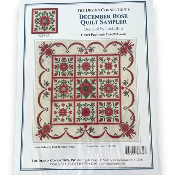 Cross Stitch December Rose Quilt Sampler Pattern by Linda Bird with bead pack - Picture 1 of 3